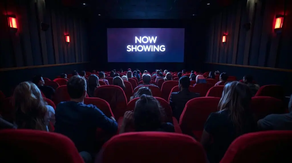 cinema screen with audience watching showing now on the screen